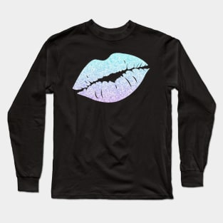 Pastel Blue Purple Ombre Faux Glitter Lips Long Sleeve T-Shirt